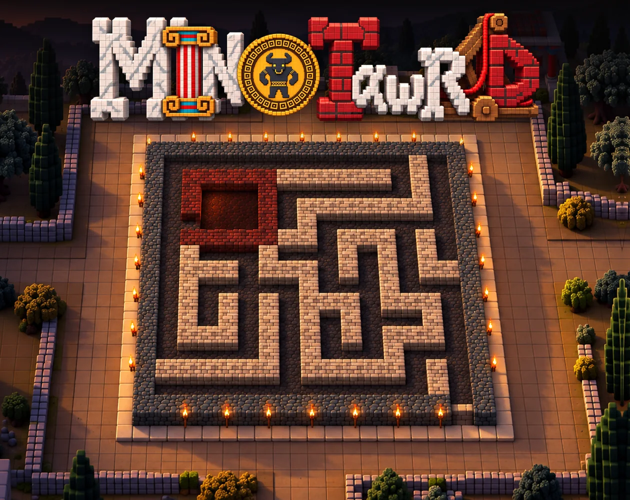 MinoTawrD cover art: the game logo above the voxel labyrinth
