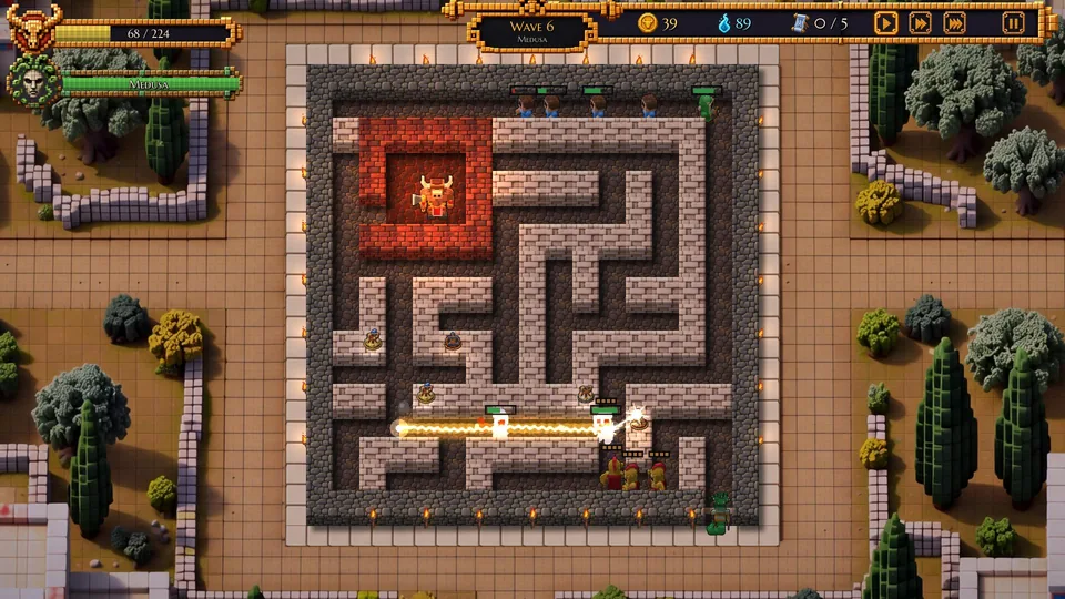 Top-down view of the voxel labyrinth: a Heat Ray beam fires down a corridor during Medusa's wave