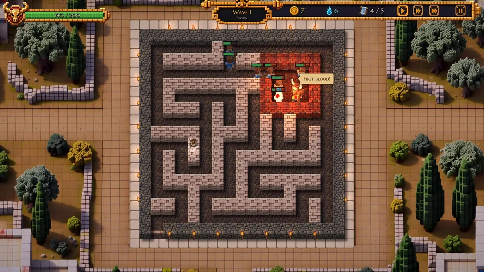 Wave 1 on a fresh labyrinth: the Minotaur shouts "First blood!" in his den