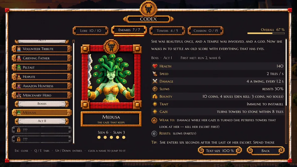The in-game Codex page for Medusa, with her stats and lore